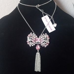 New! BETSEY JOHNSON Pink Floral Filigree Bow w Tassel Sweater Necklace.